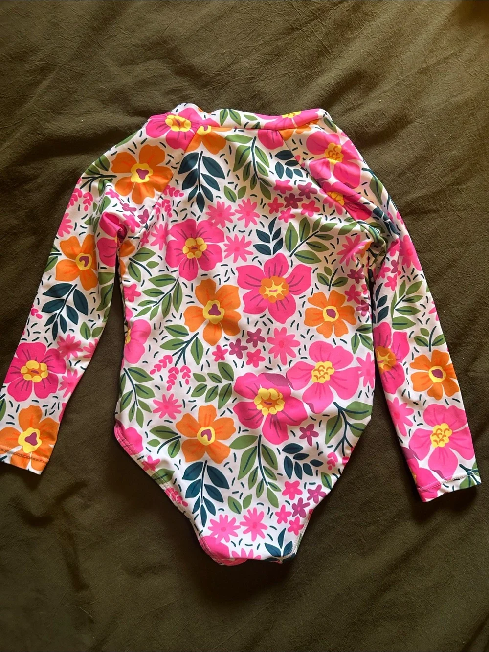 Girls Floral Long Sleeve One-Piece Swimsuit - Pink & Orange Flowers - Picture 4 of 4